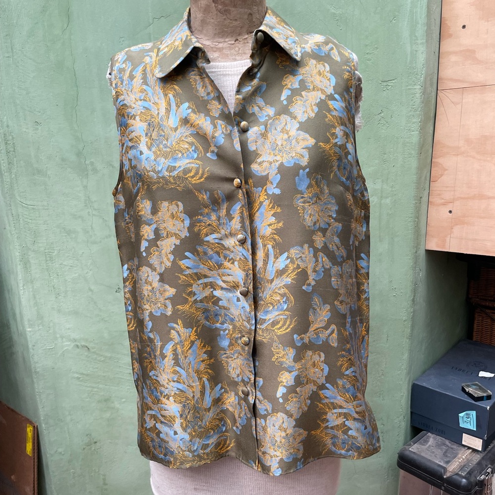 Sleeveless Floral-Print Button-Down Blouse - Lafayette 148 BRAND NEW